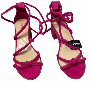 Express NEW Size 7 Hot‎ Pink Suede Lace Up Block Heel Sandals